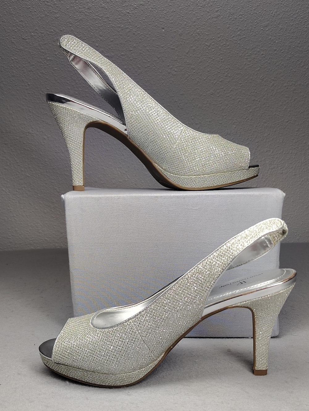 Worthington Silver Glitter Slingback Peep-Toe Heels Size 8W